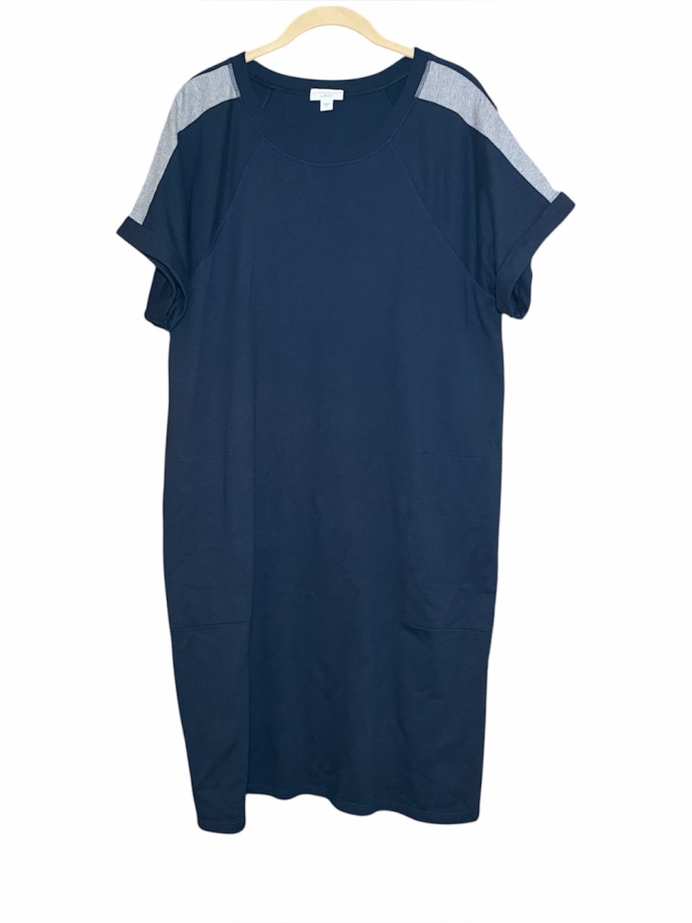 J Jill Fit L Navy Blue Gray Stripe Terry Dress Short Sleeve Sporty Pockets Soft